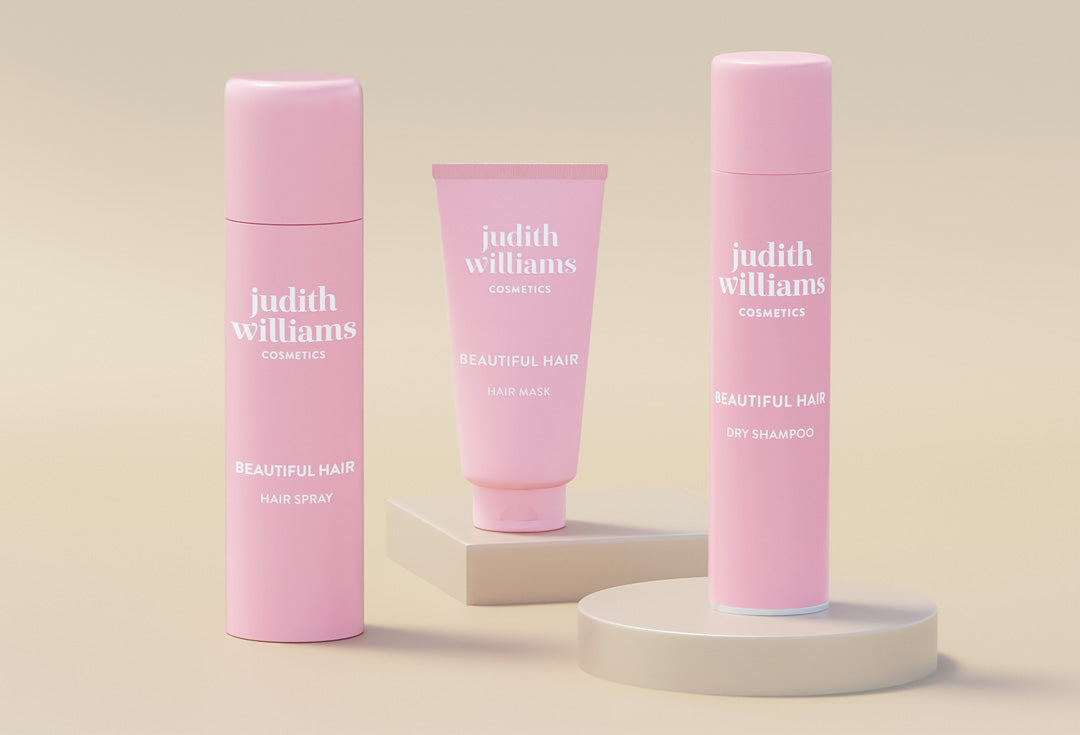 Gruppenvisual von Judith Williams Cosmetics Haarprodukten der Linie Beautiful Hair.