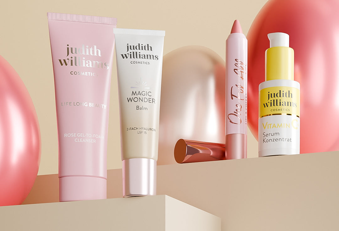 Produkte von Judith Williams Cosmetics mit Ostereiern im Hintergrund.