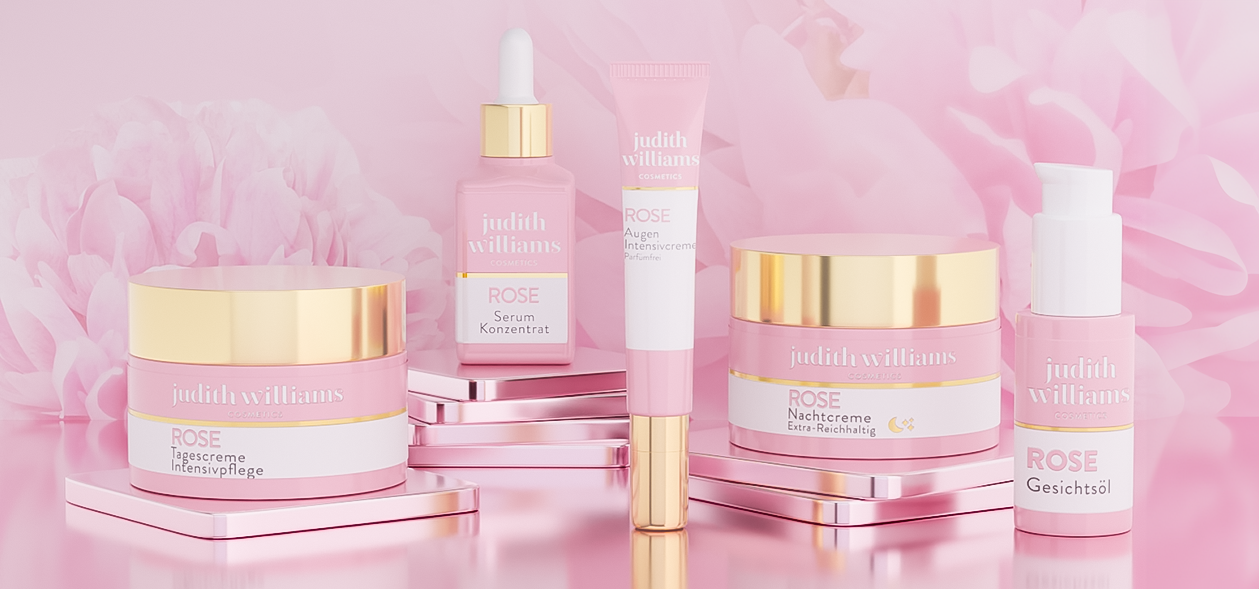 Gruppenbild der Rose Produkte von Judith Williams Cosmetics.