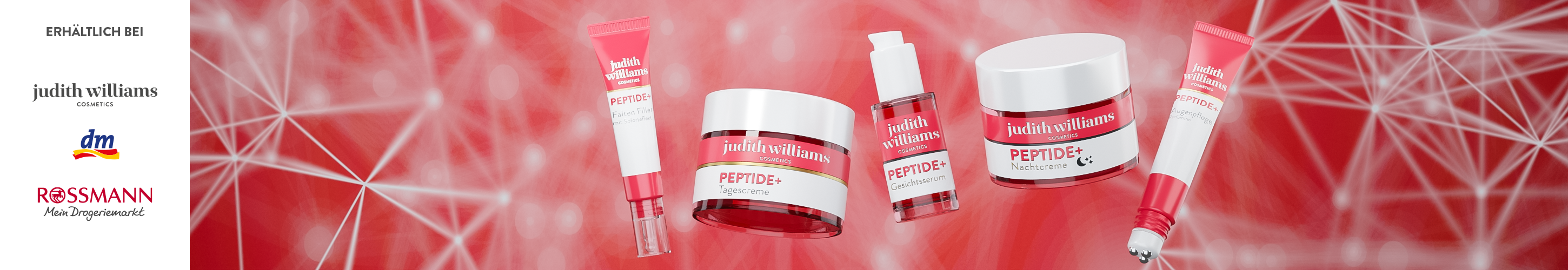 Gruppenbild von der Peptide+ Linie von Judith Williams Cosmetics.