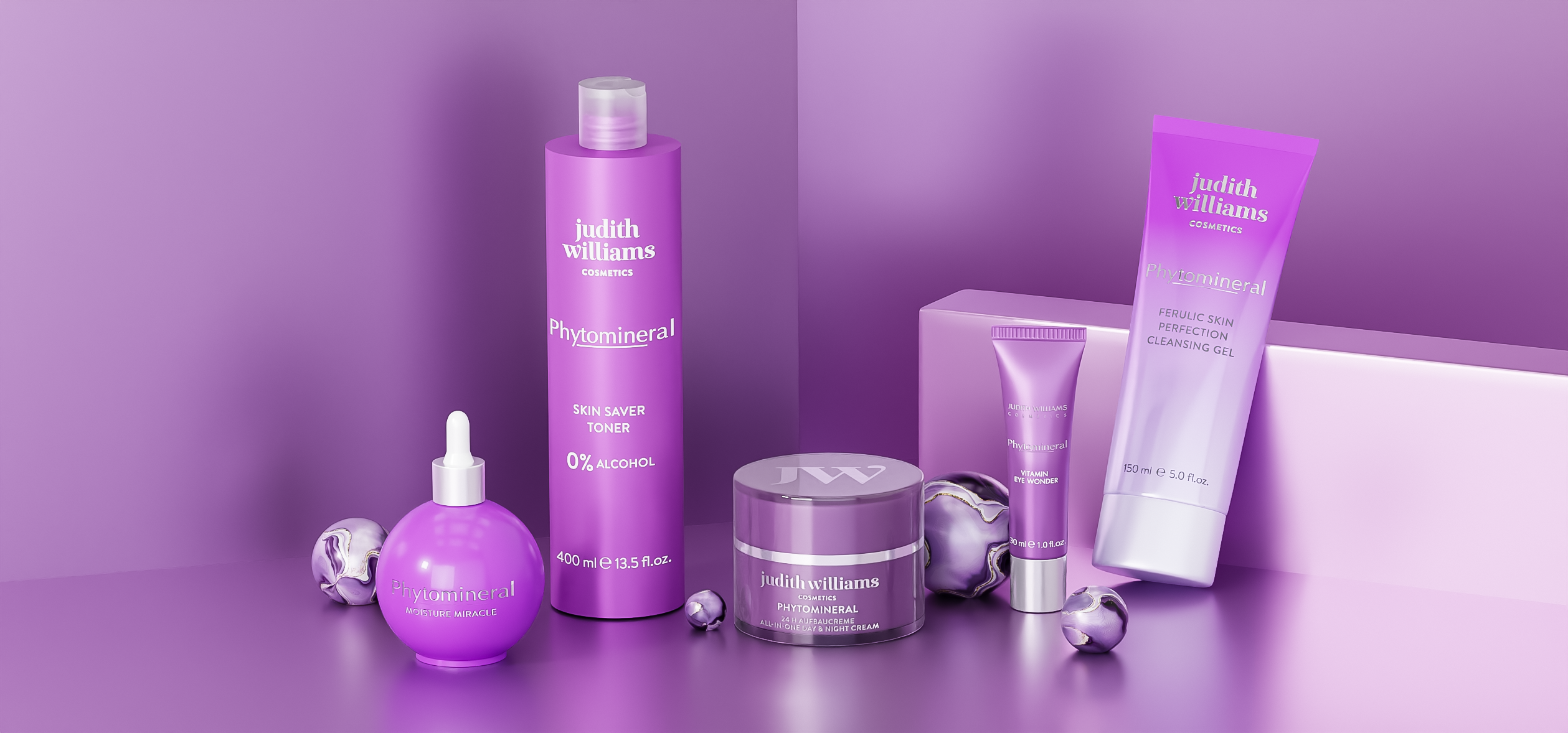 Gruppenvisual der Phytomineral Linie von Judith Williams Cosmetics.