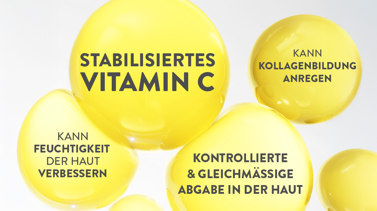 Darstellung von den Merkmalen von stabilisiertem Vitamin C der Vitamin C+ Linie von Judith Williams Cosmetics.