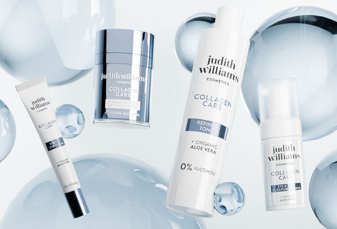 Vier Collagen Care Produkte in einem Raum voller blauer Blasen