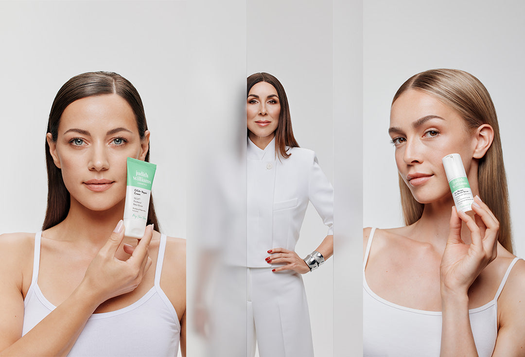 Banner mit Judith Williams in der Mitte, seitlich ist jeweils in Model zu sehen, dass ein Produkt der CALM Linie in der Hand hält