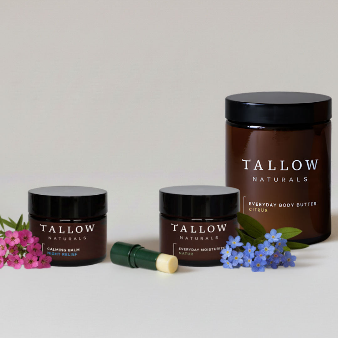 Produkte der Marke Tallow Naturals: Calming Balm, Lip Repair, Everyday Moisturizer, Body Butter