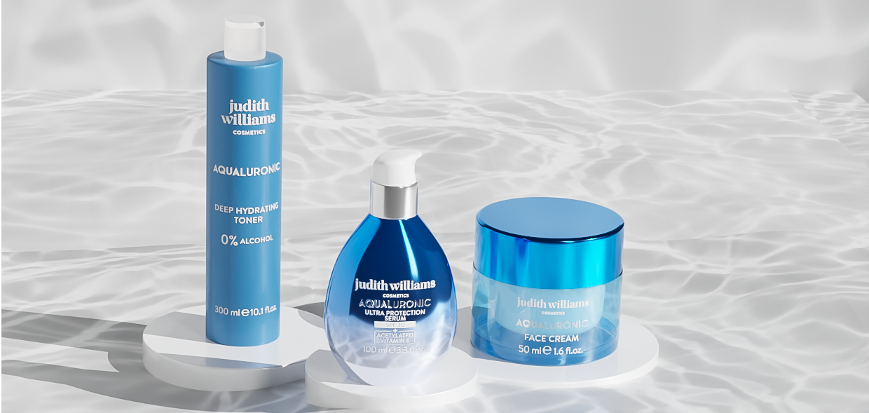 Gruppenbild der Aqualuronic Linie von Judith Williams Cosmetics.