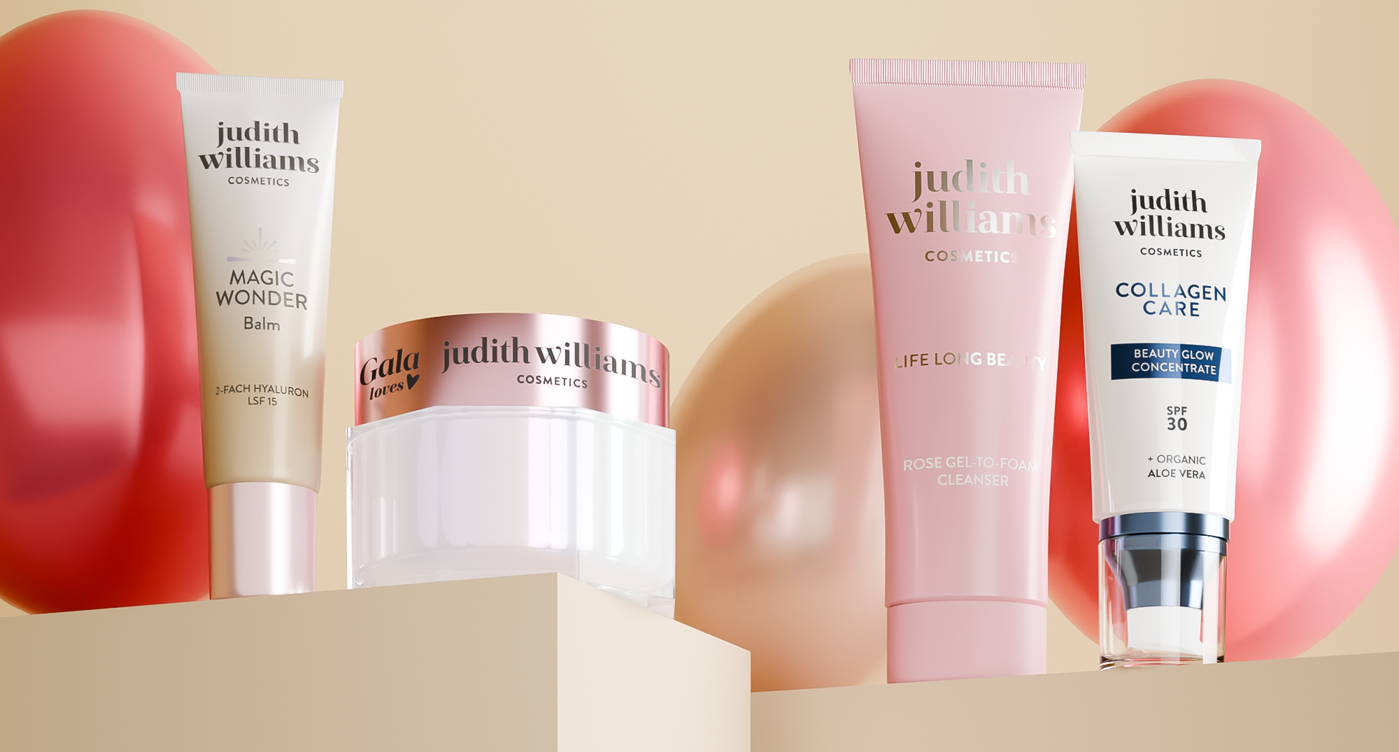 Produkte von Judith Williams Cosmetics mit bunten Ostereiern im Hintergrund.