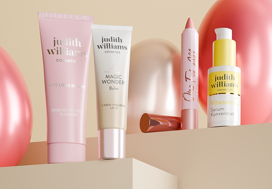 Produkte von Judith Williams Cosmetics mit Ostereiern im Hintergrund.
