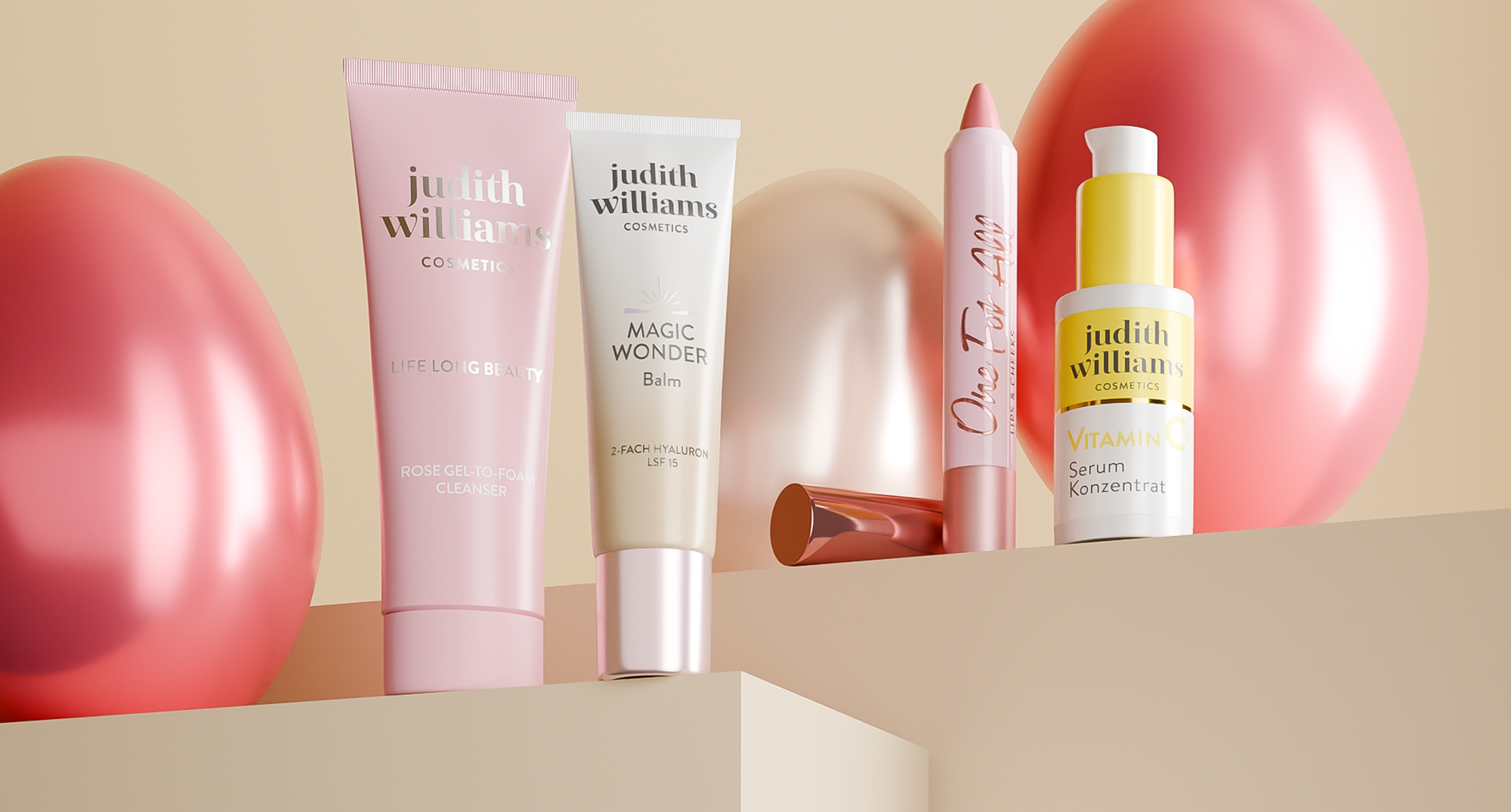 Produkte von Judith Williams Cosmetics mit Ostereiern im Hintergrund.