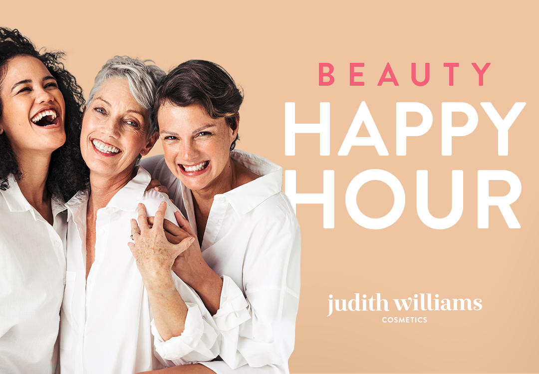 Drei Models, die in die Kamera lachen und der Schriftzug Beauty Happy Hour.