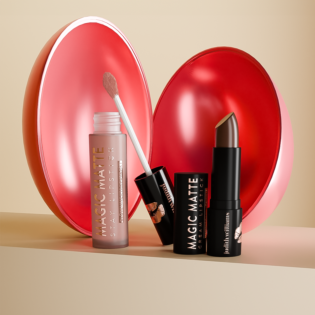 Lippen-Produkte von Judith Williams Cosmetics, mit einem Osterei im Hintergrund.